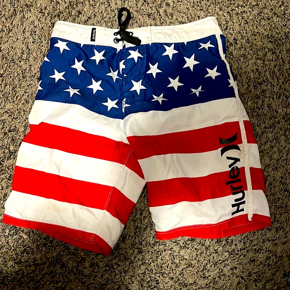Hurley Boys Board Shorts Swim Trunks American Flag Size 12/26- Red Blue
